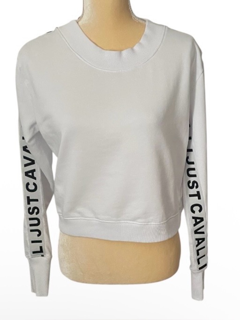 Just Cavalli White Crewneck Sweatshirt with Black Sleeve Logo